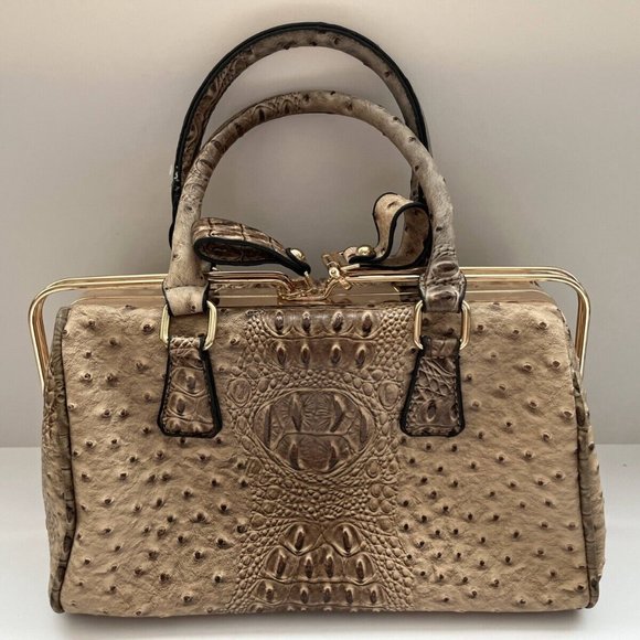 Women's Tan Alligator Skin Leather Top Handle Handbag Purse with Removable Strap - Picture 2 of 15